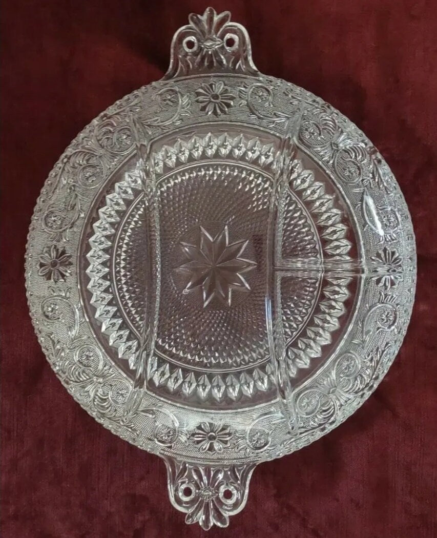 Vintage Duncan Miller “SANDWICH” Pattern #41 sectioned EAPG Clear Cut Glass Serving Platter 12” B16