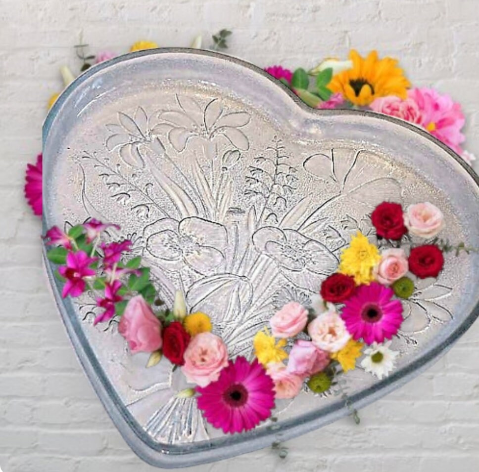 Vintage Crystalia Corporation Clear Glass Crystal Heart-Shaped Bouquet Platter, Large 13" x 12" Embossed Serving Platter