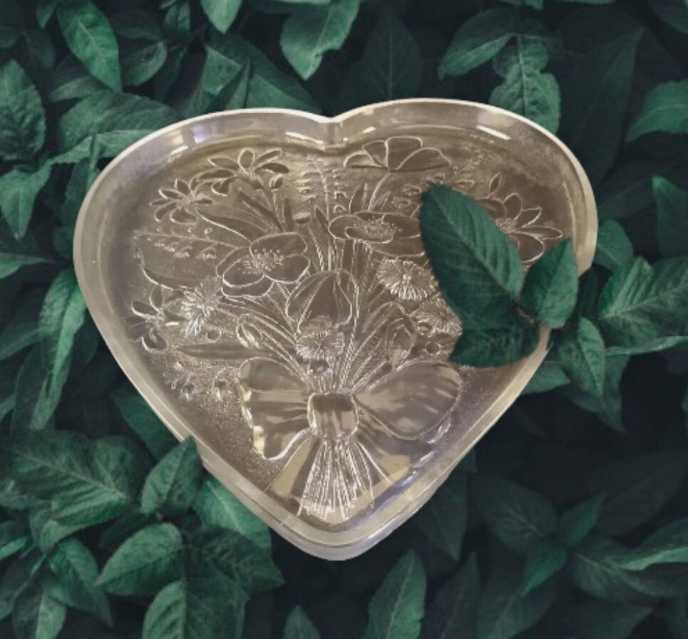 Vintage Crystalia Corporation Clear Glass Crystal Heart-Shaped Bouquet Platter, Large 13" x 12" Embossed Serving Platter