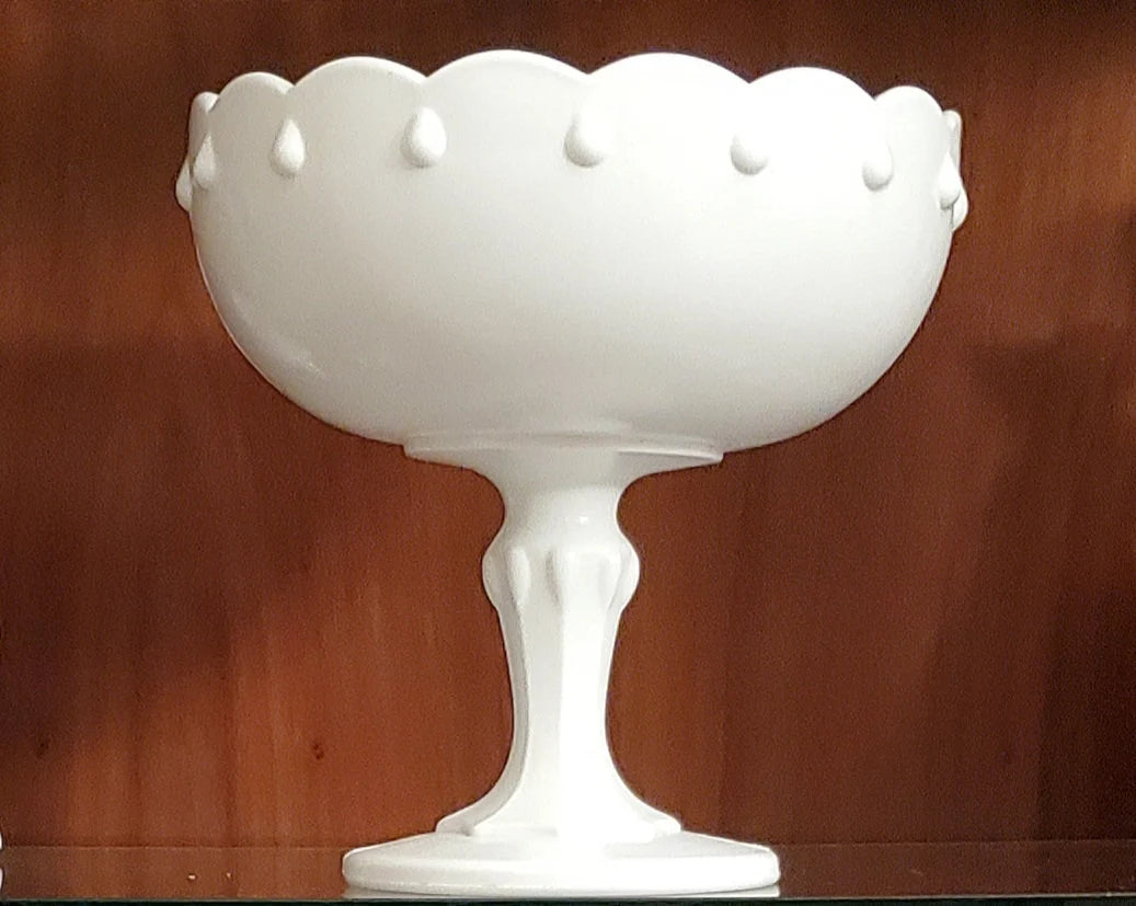 Vintage Indiana Glass Teardrop Design Milk Glass Compote Pedestal Compote Bowl 7.5” Scalloped - Timeless Treasures Emporium1