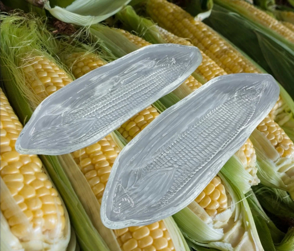 Vintage Pilgrim Corn Cob Holders Trays/Plates Heavy Glass Set of 2 Platter-CORN On The COB /Textured Corn Holders | Glass Corn Dish - Timeless Treasures Emporium1