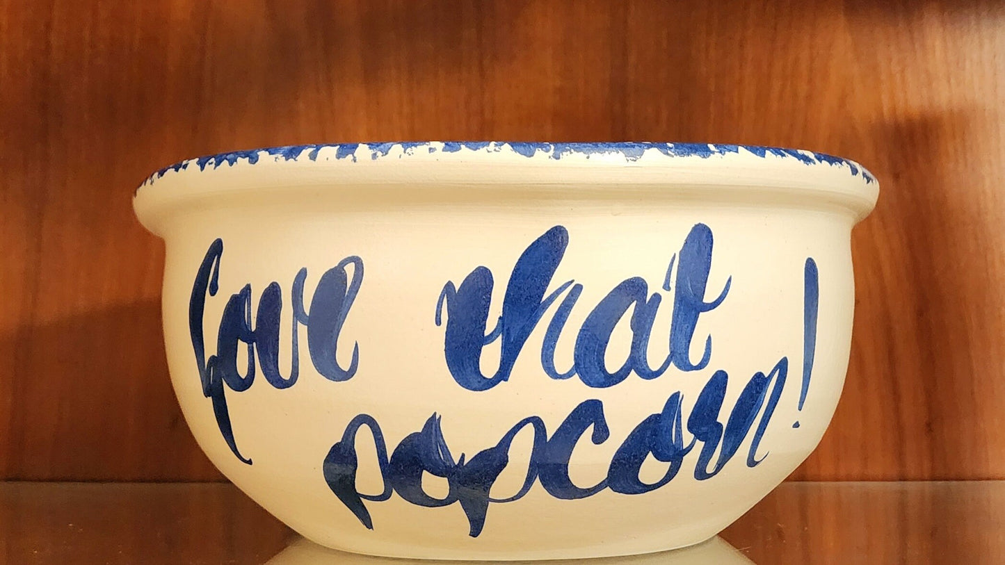 Vintage Rustic Heavy Marshall Pottery Aged Blue/White Hand Painted Spongeware Ceramic Love That Popcorn Bowl - Timeless Treasures Emporium1