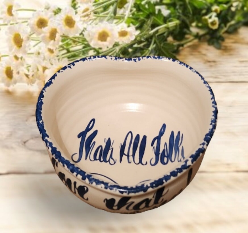 Vintage Rustic Heavy Marshall Pottery Aged Blue/White Hand Painted Spongeware Ceramic Love That Popcorn Bowl - Timeless Treasures Emporium1