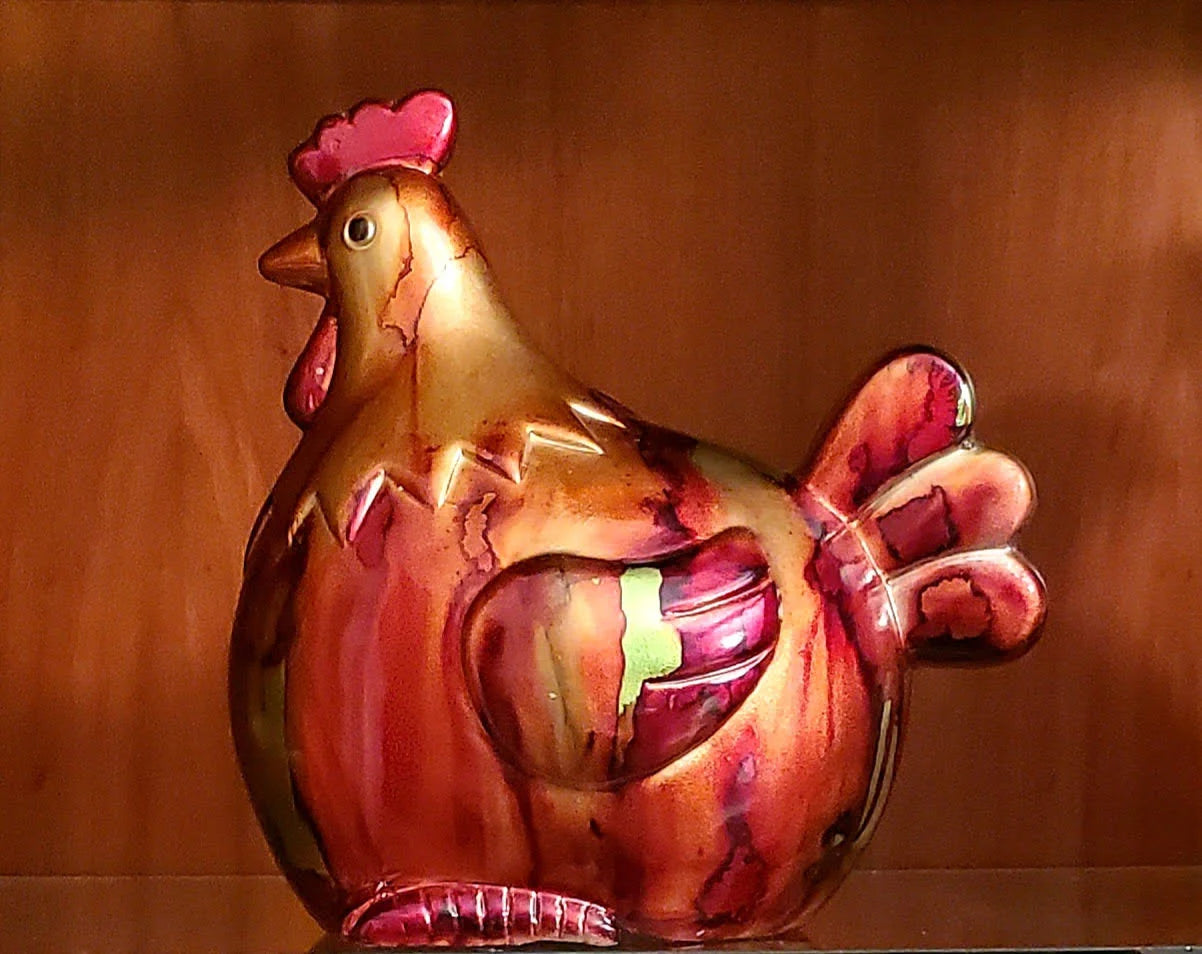 One of a Kind Vintage Farmhouse Theme Modern Savannah Home Ceramic Hand-painted Beautiful Multi-colored Porcelain Metallic Chicken/ Hen