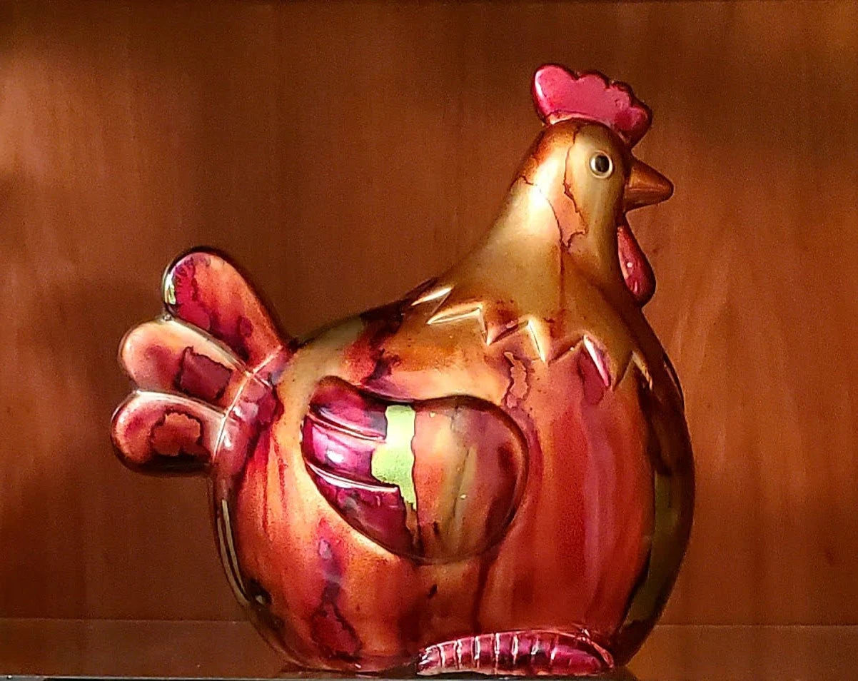 One of a Kind Vintage Farmhouse Theme Modern Savannah Home Ceramic Hand-painted Beautiful Multi-colored Porcelain Metallic Chicken/ Hen