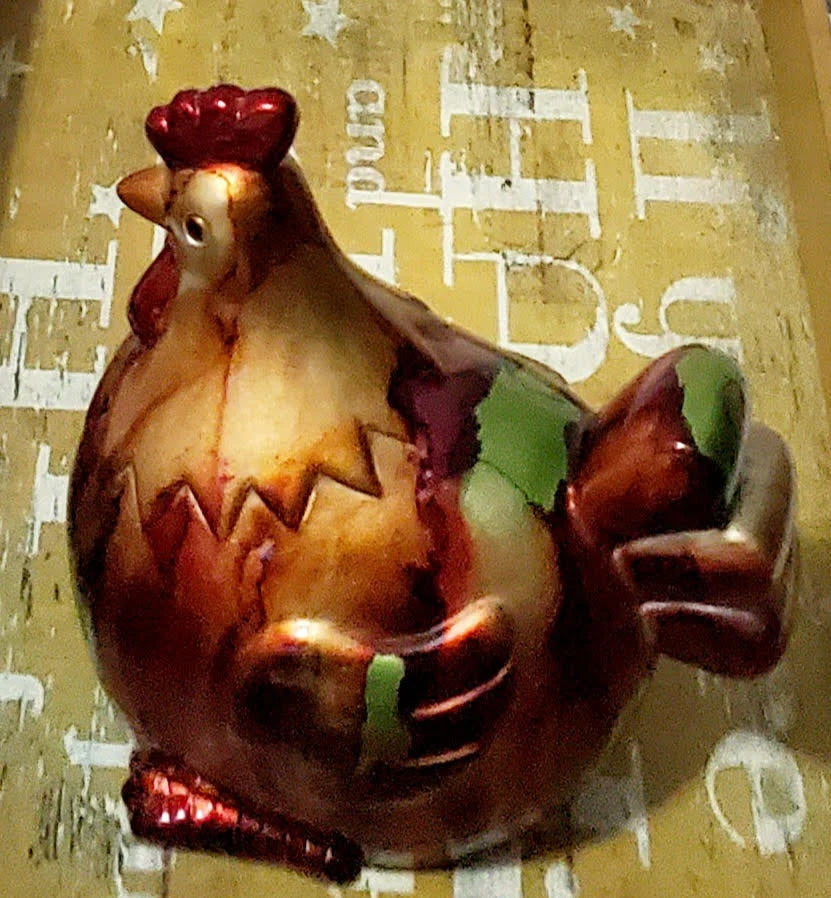 One of a Kind Vintage Farmhouse Theme Modern Savannah Home Ceramic Hand-painted Beautiful Multi-colored Porcelain Metallic Chicken/ Hen