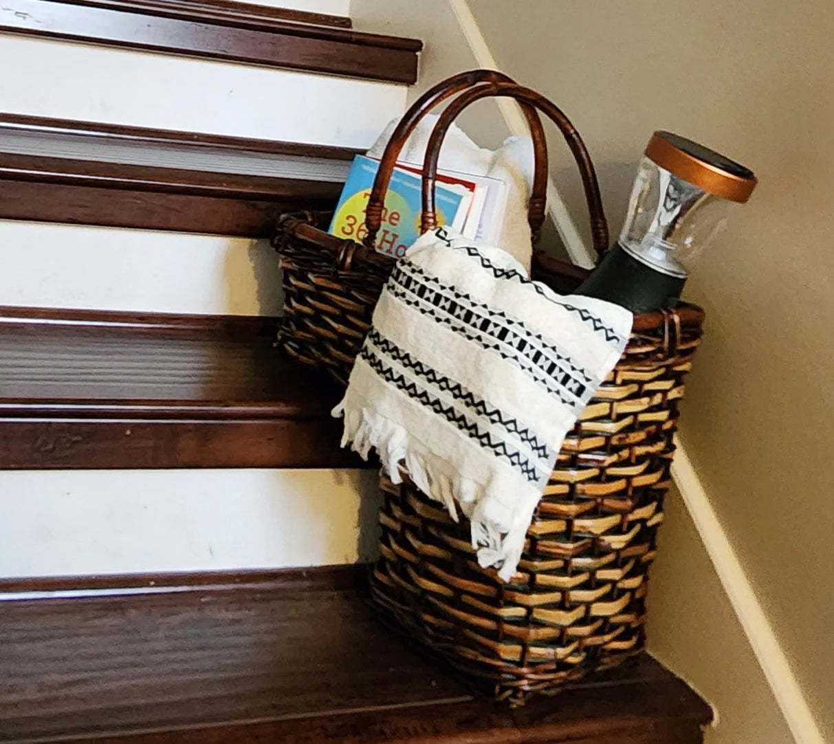 Two-Tone Wicker/Rattan Decorative Storage Stair Basket with Double Handles (Brown) Decor ~ 17
