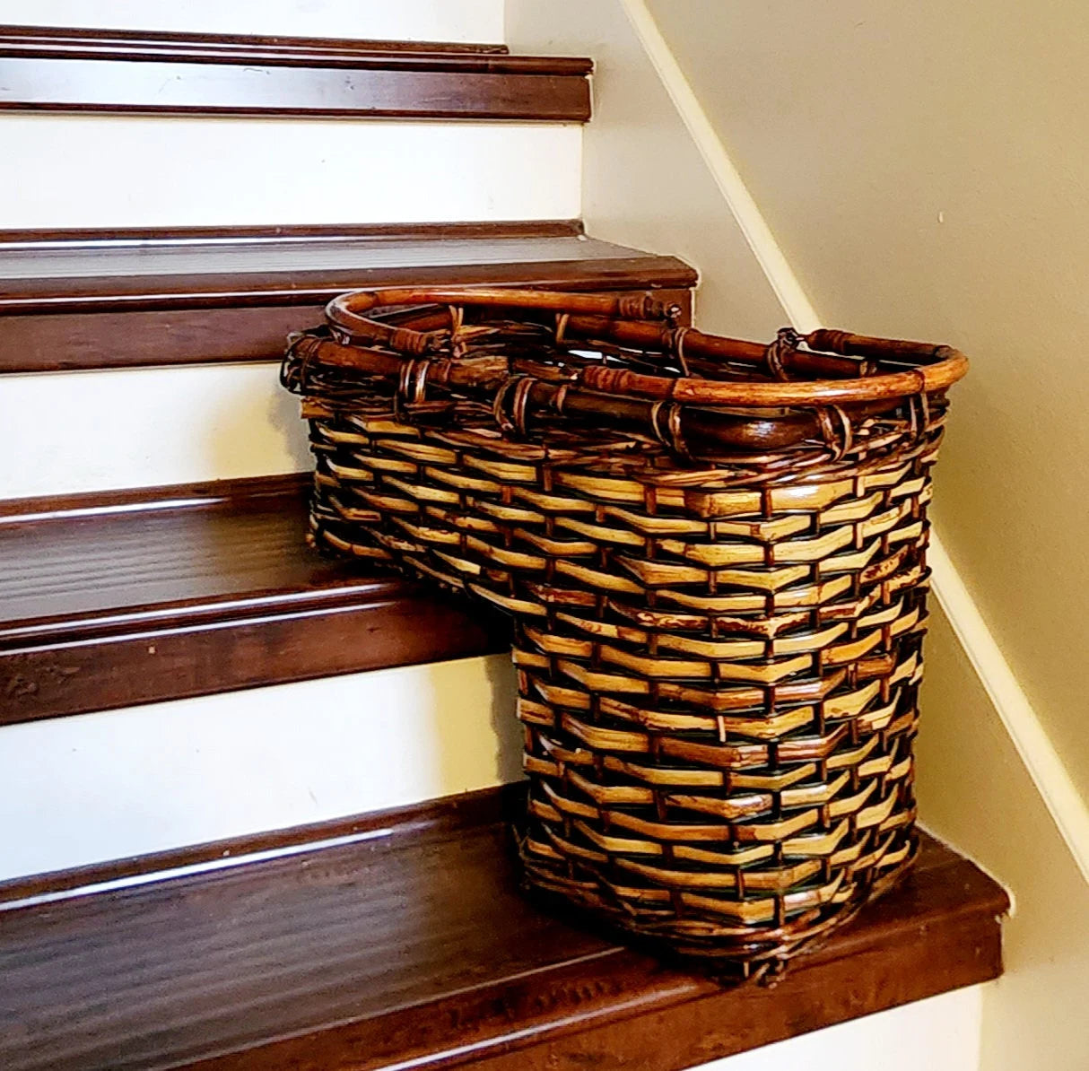 Two-Tone Wicker/Rattan Decorative Storage Stair Basket with Double Handles (Brown) Decor ~ 17