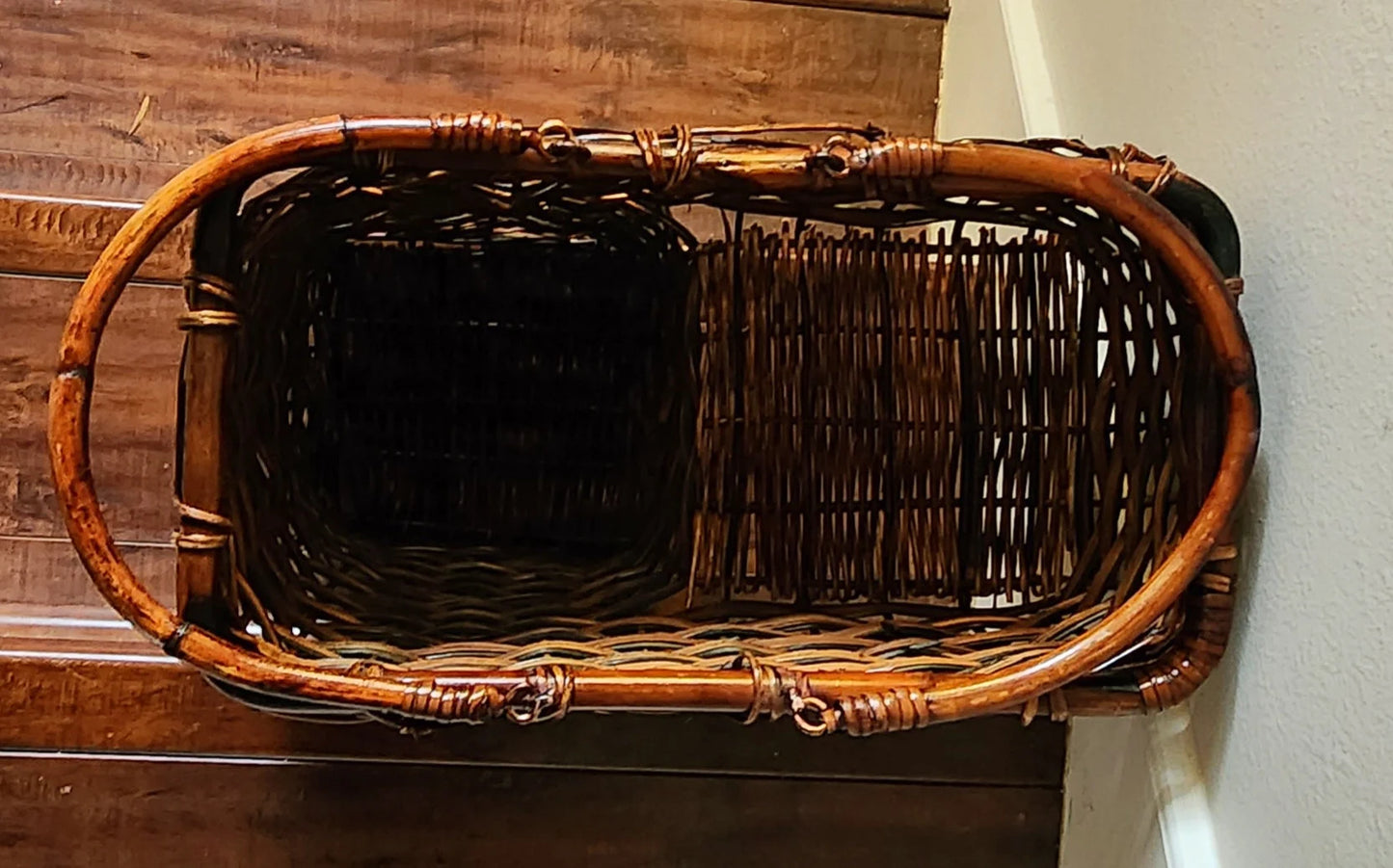 Two-Tone Wicker/Rattan Decorative Storage Stair Basket with Double Handles (Brown) Decor ~ 17