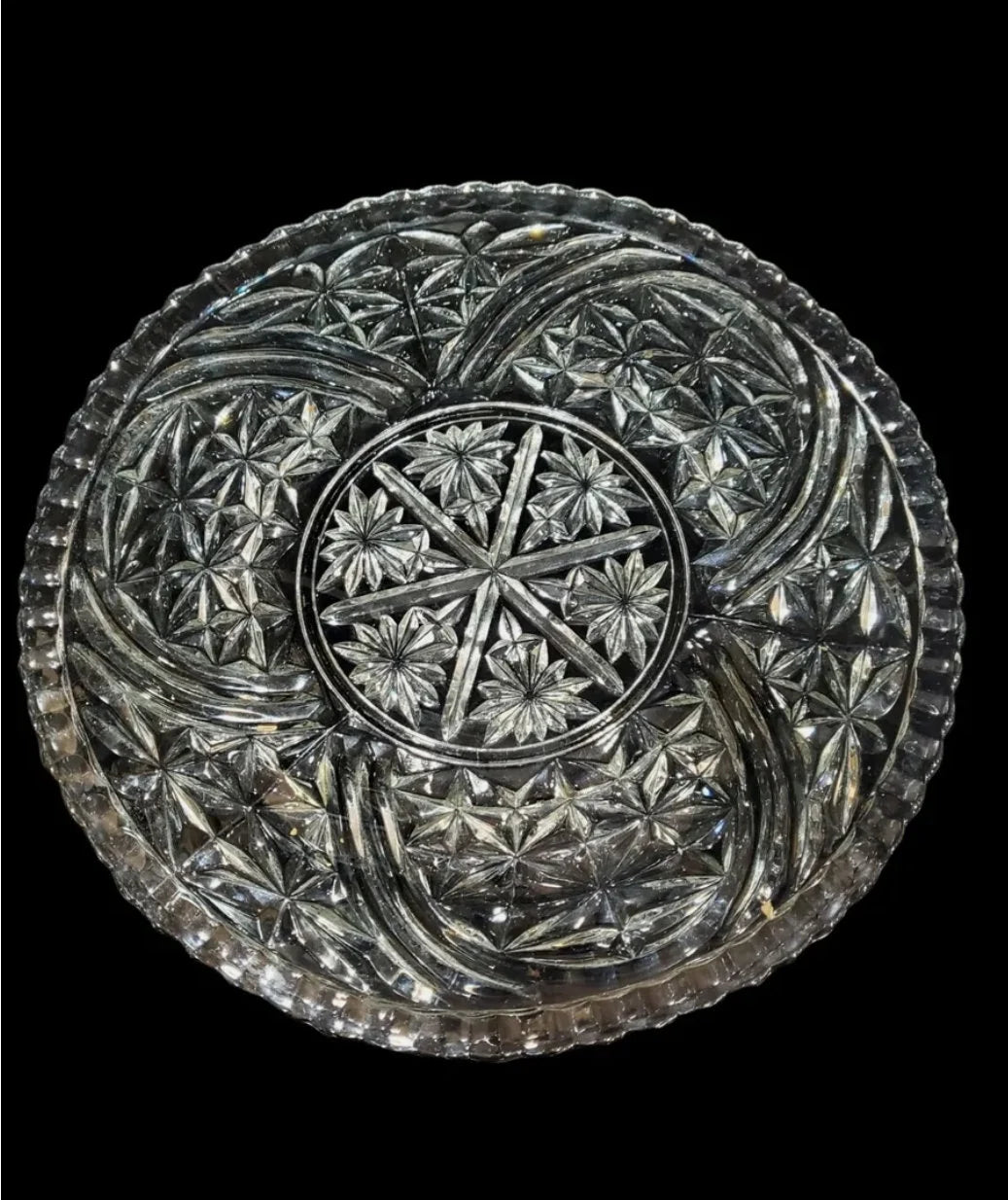 Vintage. Anchor Hocking Early American Pressed Glass Round Stars and Bars Torte Cake Plate Serving Platter 12.5" - Timeless Treasures Emporium1