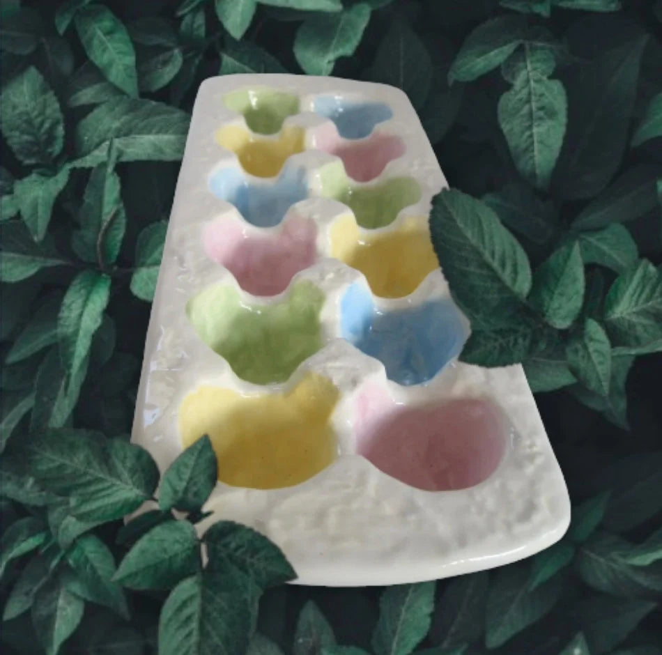 Pretty Vintage Rainbow Gracie Ceramic Easter Egg Carton Coloring Dish, Porcelain Easter Eggs Coloring Tray/Crate - for One Dozen (12) Eggs