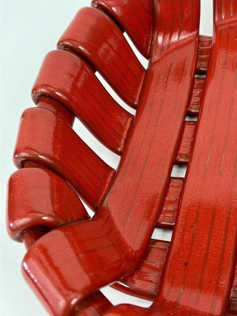 Vintage Heavy Red Decorative Tadinate Italy Ceramic Bread/Fruit Basket Pottery Bowl 11L x 8.75”W Red Glazed Woven Design - Timeless Treasures Emporium1