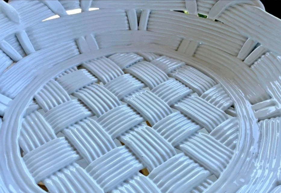 White Italian Terraglia Bianca Ceramic "Woven" Tray Basket - Mid 20th-Century Vintage ~ 13" - Timeless Treasures Emporium1