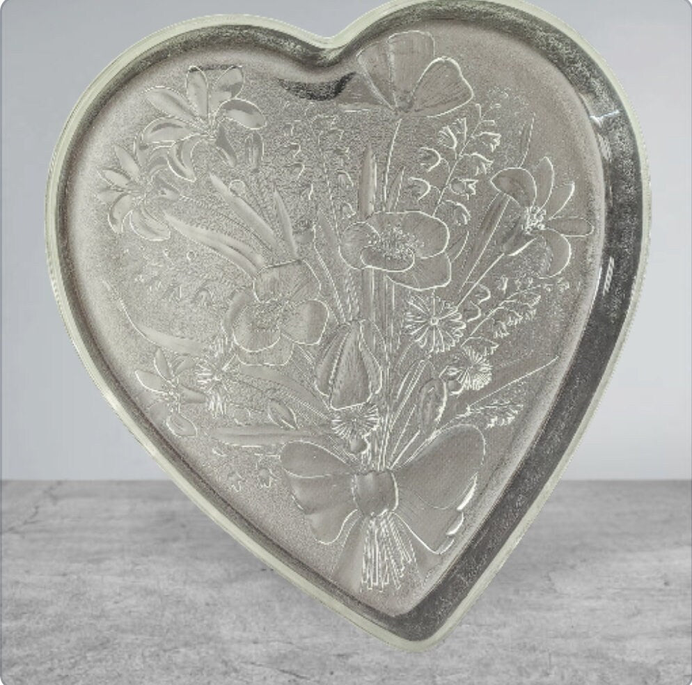 Vintage Crystalia Corporation Clear Glass Crystal Heart-Shaped Bouquet Platter, Large 13" x 12" Embossed Serving Platter