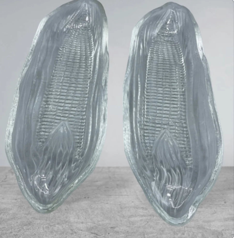 Vintage Pilgrim Corn Cob Holders Trays/Plates Heavy Glass Set of 2 Platter-CORN On The COB /Textured Corn Holders | Glass Corn Dish - Timeless Treasures Emporium1