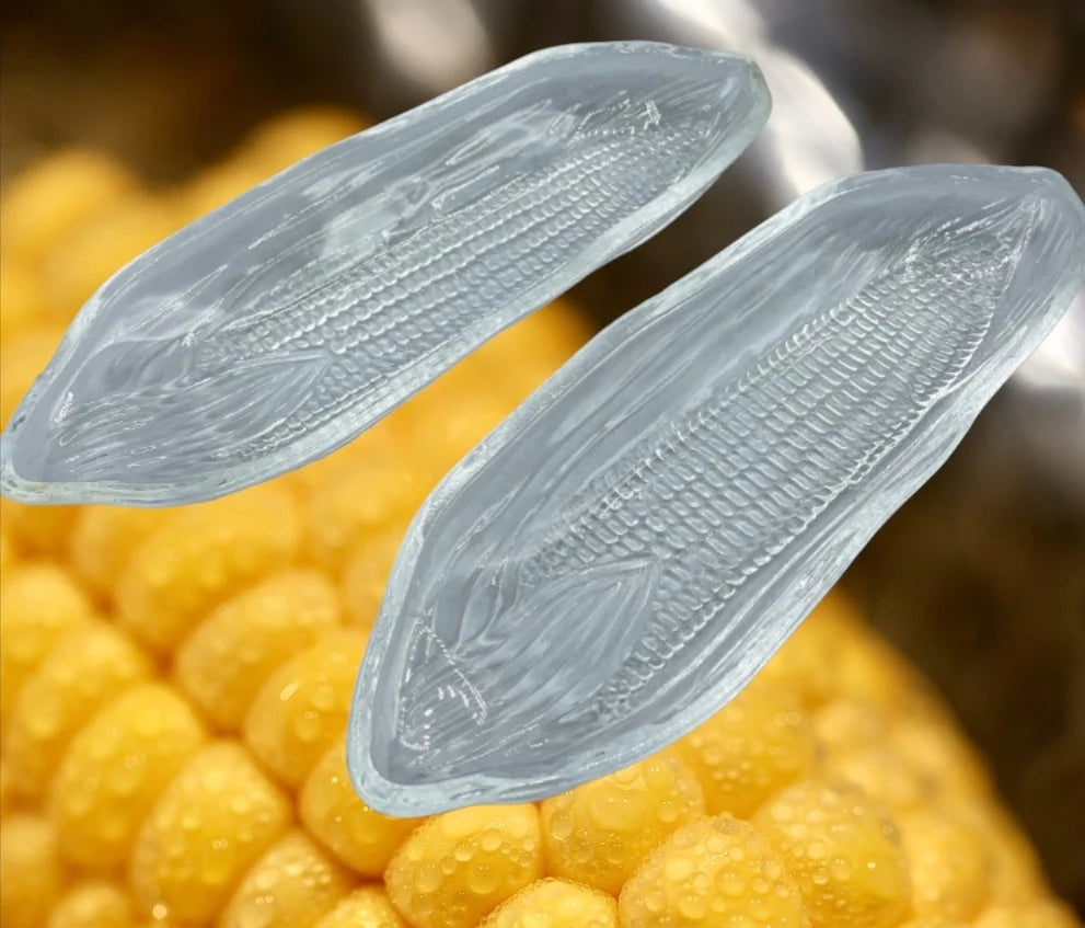 Vintage Pilgrim Corn Cob Holders Trays/Plates Heavy Glass Set of 2 Platter-CORN On The COB /Textured Corn Holders | Glass Corn Dish - Timeless Treasures Emporium1