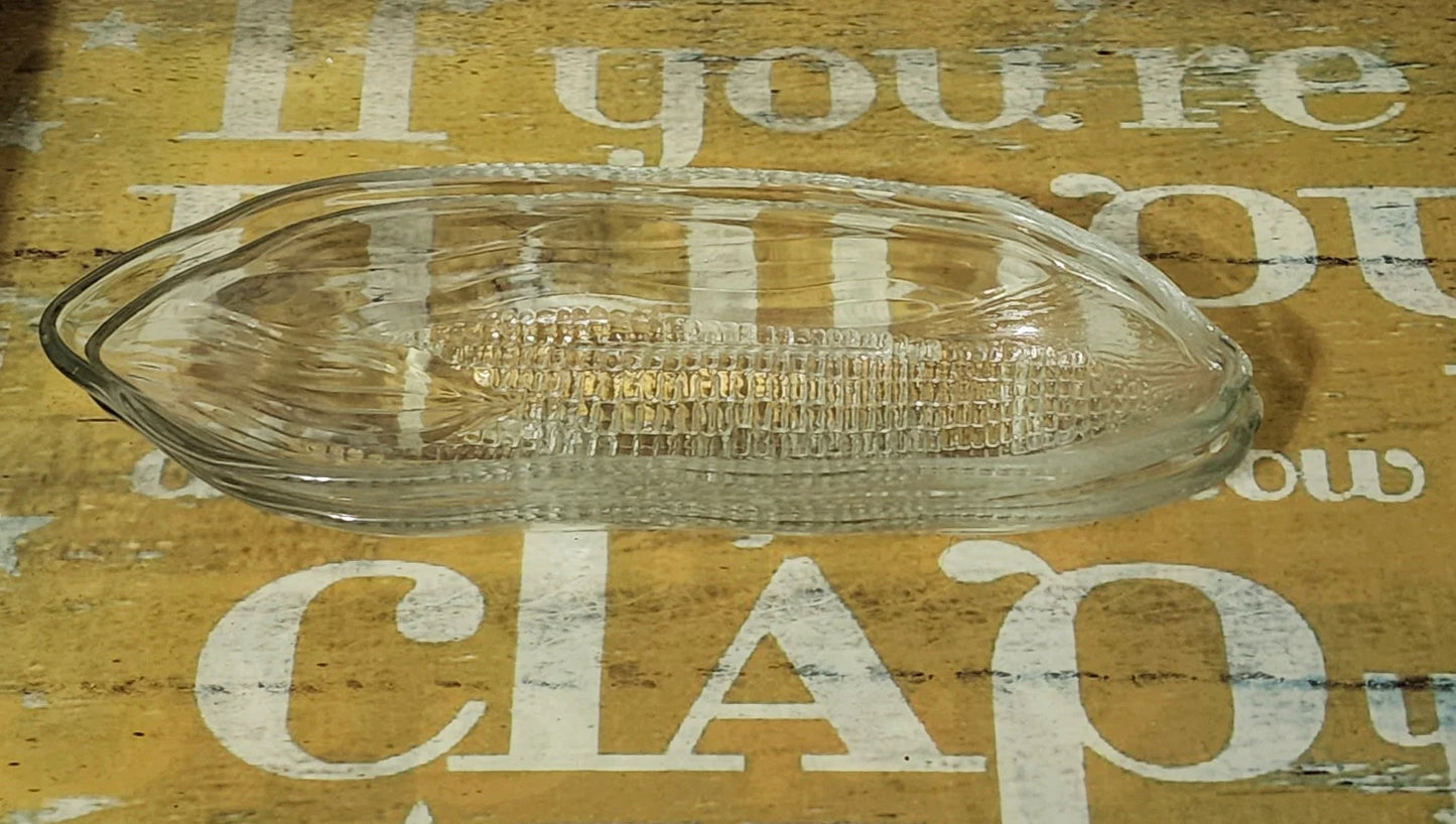 Vintage Pilgrim Corn Cob Holders Trays/Plates Heavy Glass Set of 2 Platter-CORN On The COB /Textured Corn Holders | Glass Corn Dish - Timeless Treasures Emporium1