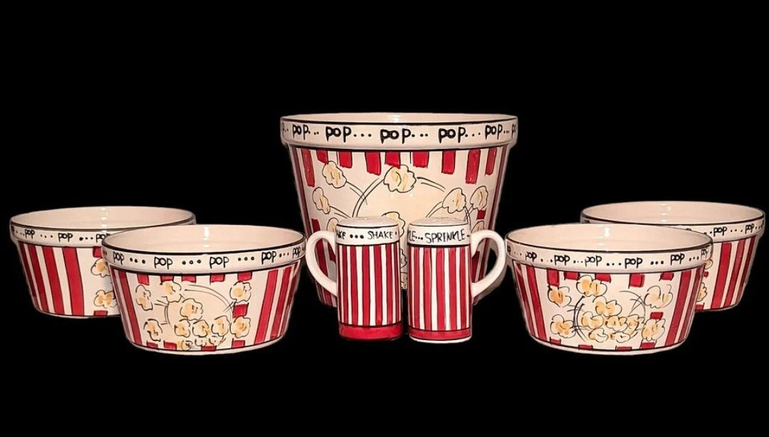 Popcorn For Four (4) Ceramic Bowls, 7 Piece Set, Including Shakers by Tabletops Unlimited