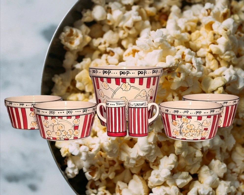 Popcorn For Four (4) Ceramic Bowls, 7 Piece Set, Including Shakers by Tabletops Unlimited