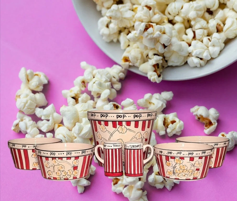 Popcorn For Four (4) Ceramic Bowls, 7 Piece Set, Including Shakers by Tabletops Unlimited