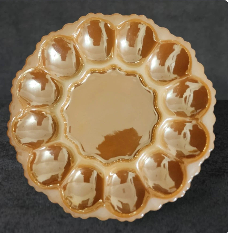 Vintage Anchor Hocking Robins Egg Blue Glass Deviled Egg / Oyster Plate Server Dish With Gold Trim ~ 10" - Timeless Treasures Emporium1