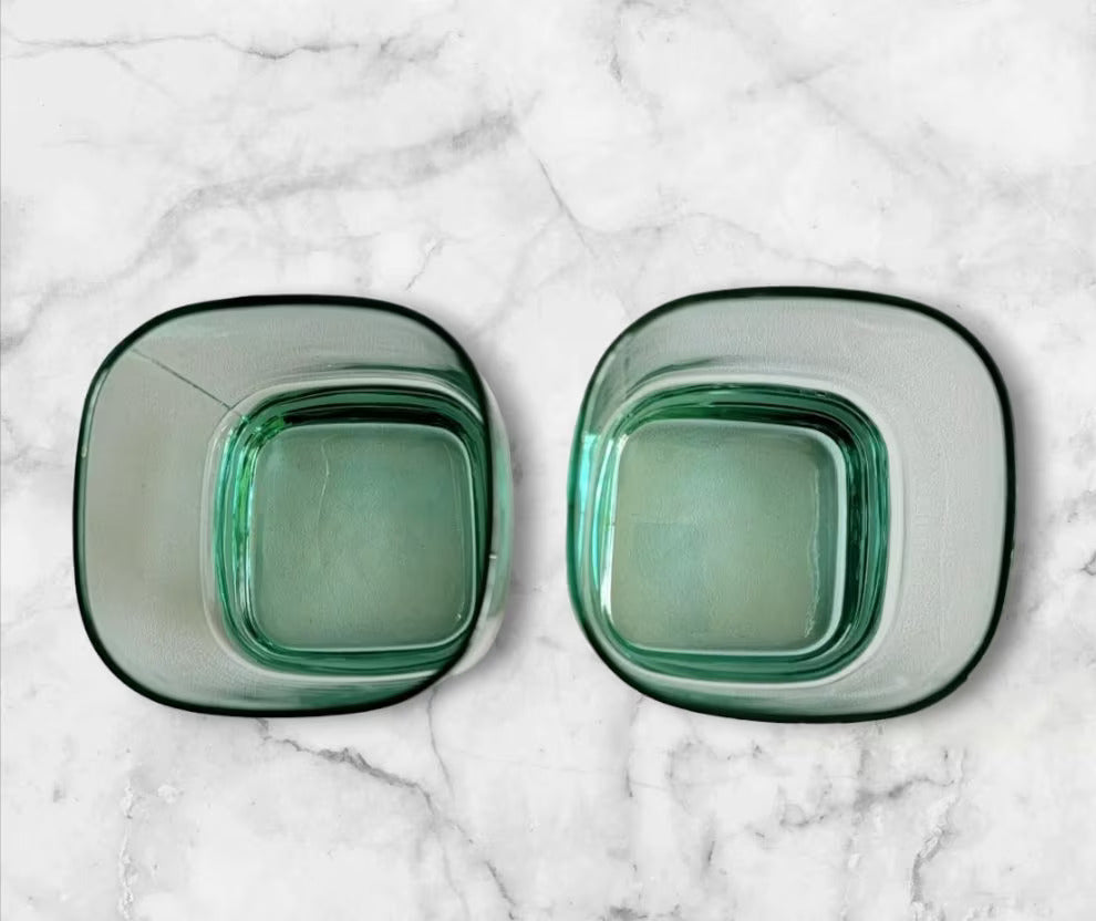 VTG Libbey Carrington Square Lowball Rocks Glasses Aqua/Green Double Old-Fashioned Glasses Made USA Set of 4 MCM - Timeless Treasures Emporium1