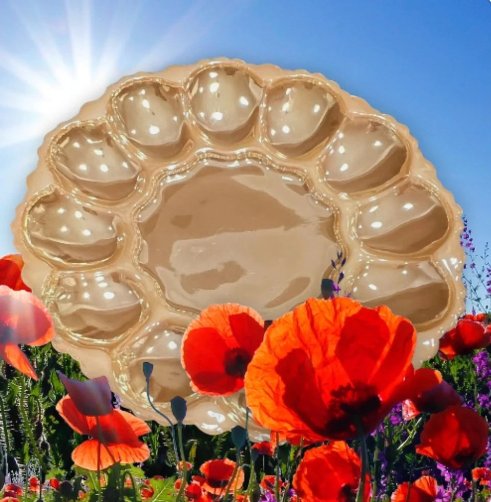 Vintage Anchor Hocking Robins Egg Blue Glass Deviled Egg / Oyster Plate Server Dish With Gold Trim ~ 10" - Timeless Treasures Emporium1
