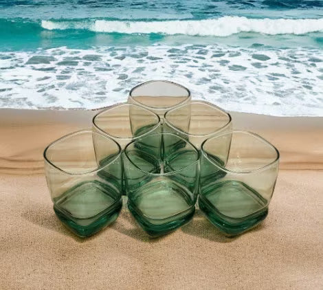 VTG Libbey Carrington Square Lowball Rocks Glasses Aqua/Green Double Old-Fashioned Glasses Made USA Set of 4 MCM - Timeless Treasures Emporium1