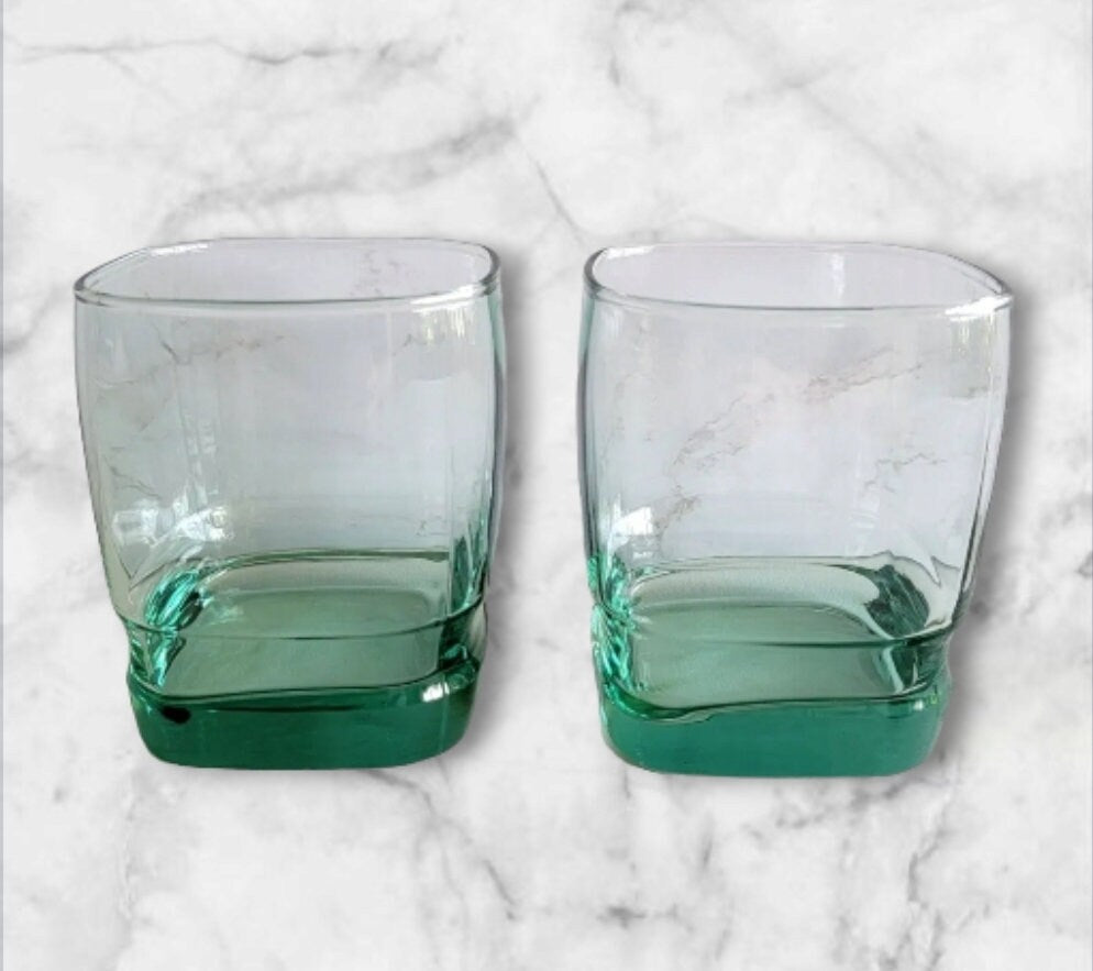 VTG Libbey Carrington Square Lowball Rocks Glasses Aqua/Green Double Old-Fashioned Glasses Made USA Set of 4 MCM - Timeless Treasures Emporium1