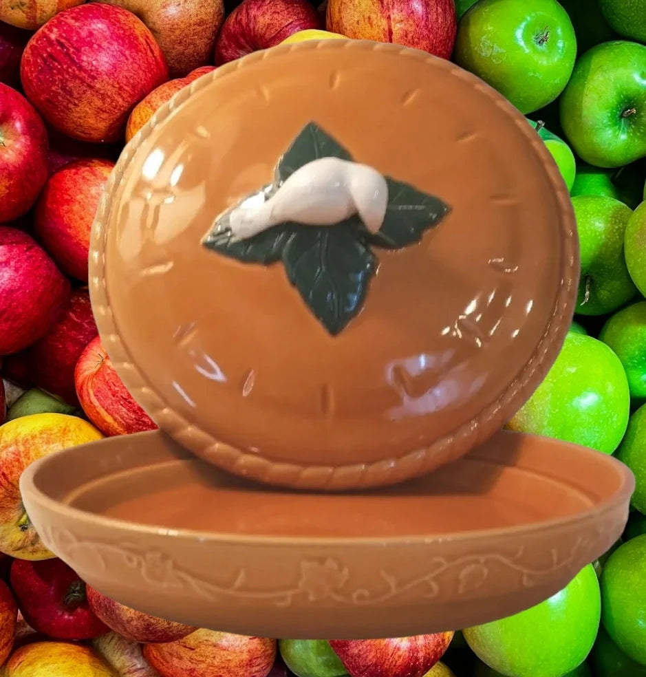 Vintage Thanksgiving Covered Ceramic Apple Pie Plate Keeper W/Bird (Dove) Handle Lid Large HTF ~ RARE ~ 11" - Timeless Treasures Emporium1