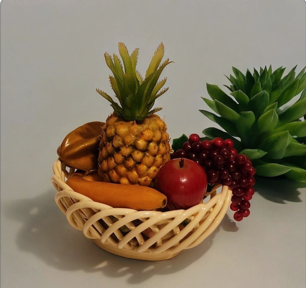 Yellow (Butter) Lattice Weave Woven Ceramic Decorative Fruit Bread Bowl Basket, 9"H x 10.75"W x 5"D Horizontal - Timeless Treasures Emporium1
