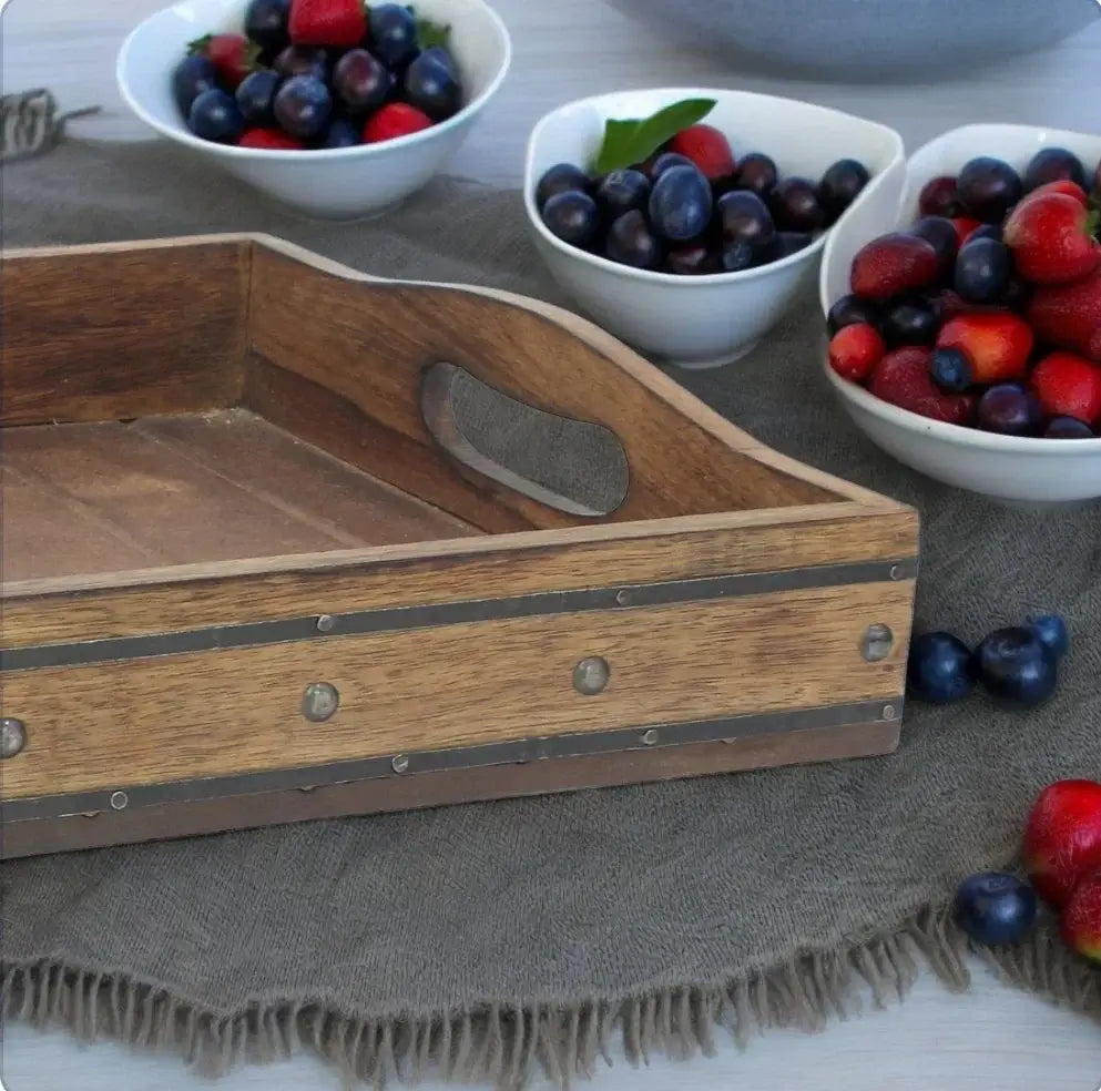 Thiak Rustic Mango Wooden Serving Tray Unique Slat Style Rectangular Shape Serving Tray with Metal Trim and Handles for Luxury Home Decor
