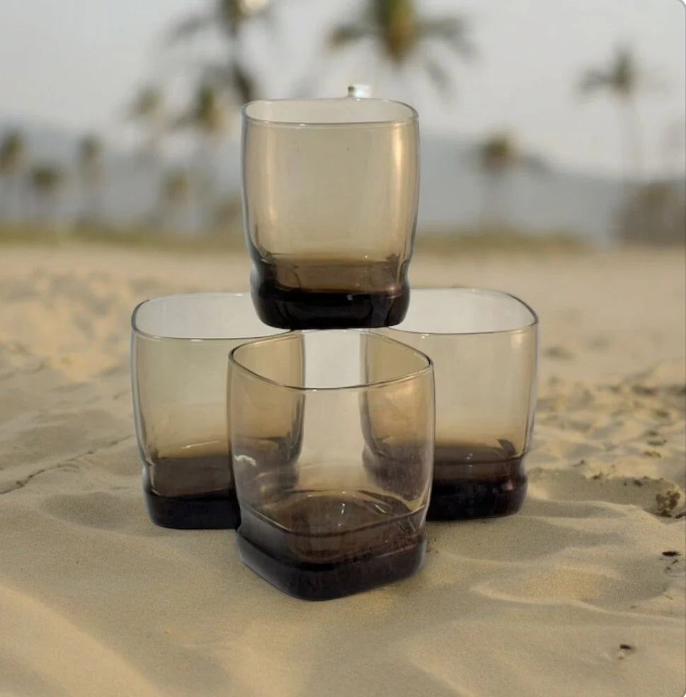 VTG Libbey Carrington Square Lowball Rocks Glasses Smokey Brown/Mocha Double Old-Fashioned Glasses Made USA Set of 4 MCM - Timeless Treasures Emporium1