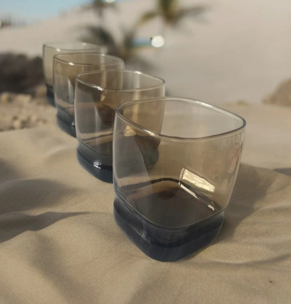 VTG Libbey Carrington Square Lowball Rocks Glasses Smokey Brown/Mocha Double Old-Fashioned Glasses Made USA Set of 4 MCM - Timeless Treasures Emporium1