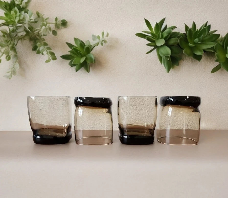 VTG Libbey Carrington Square Lowball Rocks Glasses Smokey Brown/Mocha Double Old-Fashioned Glasses Made USA Set of 4 MCM - Timeless Treasures Emporium1