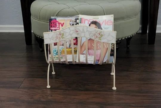 Vintage White Metal Magazine Record, Floral Painting, Book Storage Rack, Record Rack, Magazine Stand, Album Holder - Timeless Treasures Emporium1