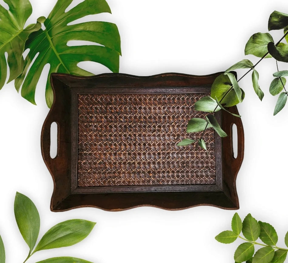 Vintage Wooden Wicker Rattan Serving Tray Coffee Table Tray With Handles ~ 19" x 14" x 2" - Timeless Treasures Emporium1