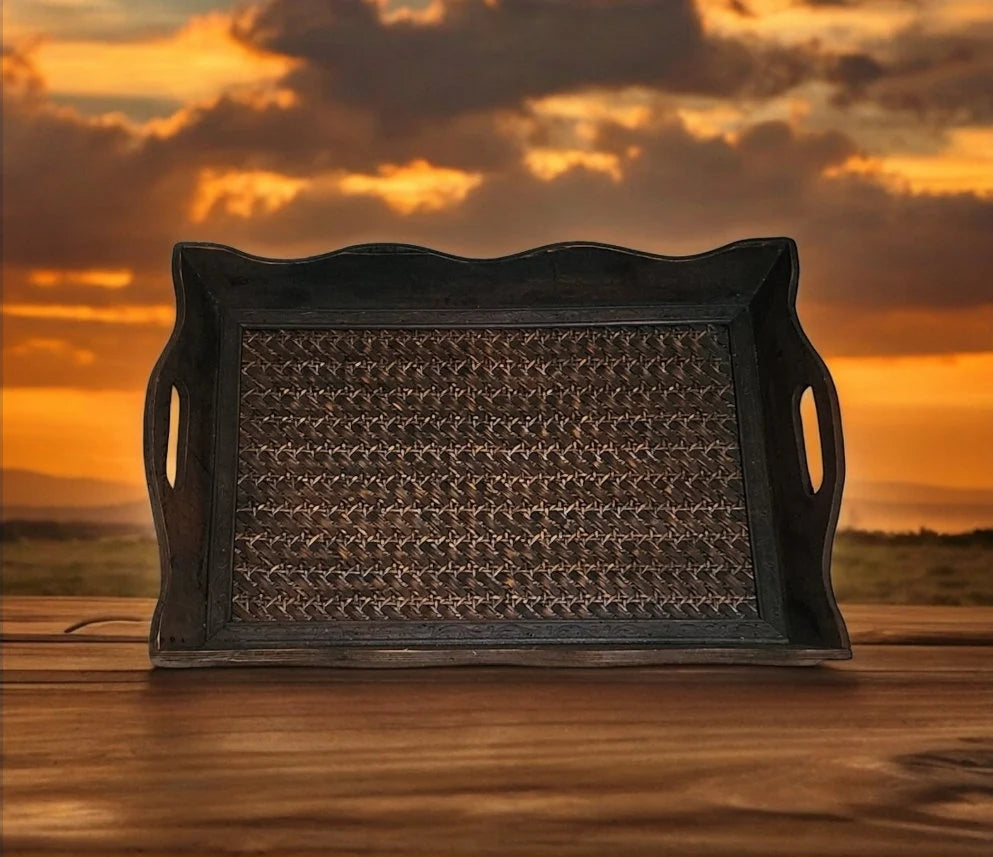 Vintage Wooden Wicker Rattan Serving Tray Coffee Table Tray With Handles ~ 19" x 14" x 2" - Timeless Treasures Emporium1