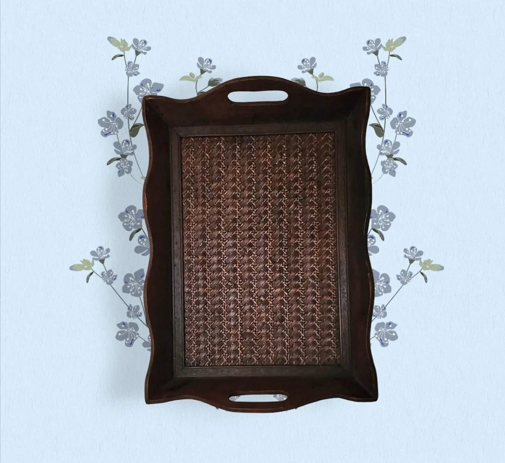 Vintage Wooden Wicker Rattan Serving Tray Coffee Table Tray With Handles ~ 19" x 14" x 2" - Timeless Treasures Emporium1