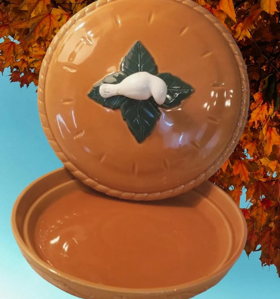 Vintage Thanksgiving Covered Ceramic Apple Pie Plate Keeper W/Bird (Dove) Handle Lid Large HTF ~ RARE ~ 11" - Timeless Treasures Emporium1