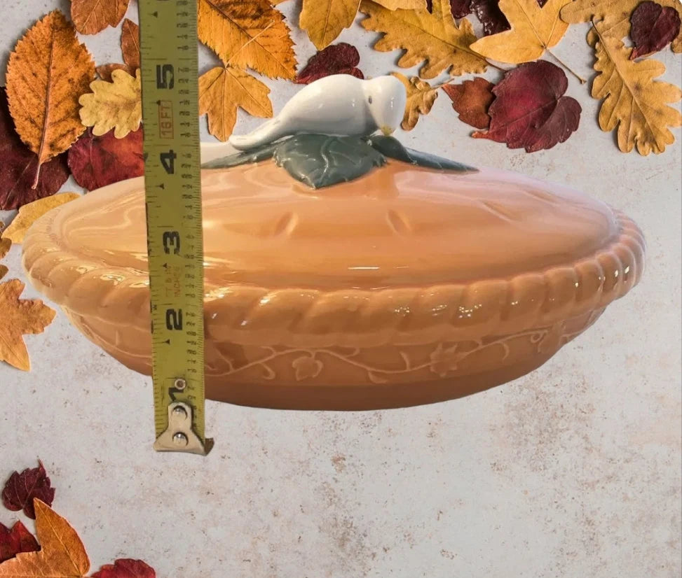 Vintage Thanksgiving Covered Ceramic Apple Pie Plate Keeper W/Bird (Dove) Handle Lid Large HTF ~ RARE ~ 11" - Timeless Treasures Emporium1