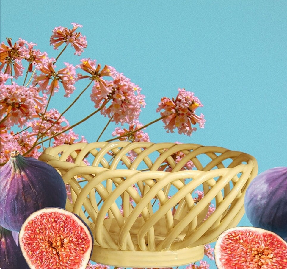 Yellow (Butter) Lattice Weave Woven Ceramic Decorative Fruit Bread Bowl Basket, 9"H x 10.75"W x 5"D Horizontal - Timeless Treasures Emporium1