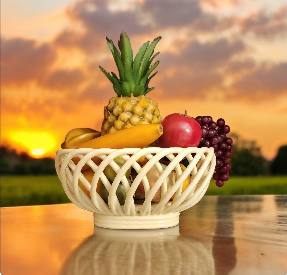 Yellow (Butter) Lattice Weave Woven Ceramic Decorative Fruit Bread Bowl Basket, 9"H x 10.75"W x 5"D Horizontal - Timeless Treasures Emporium1