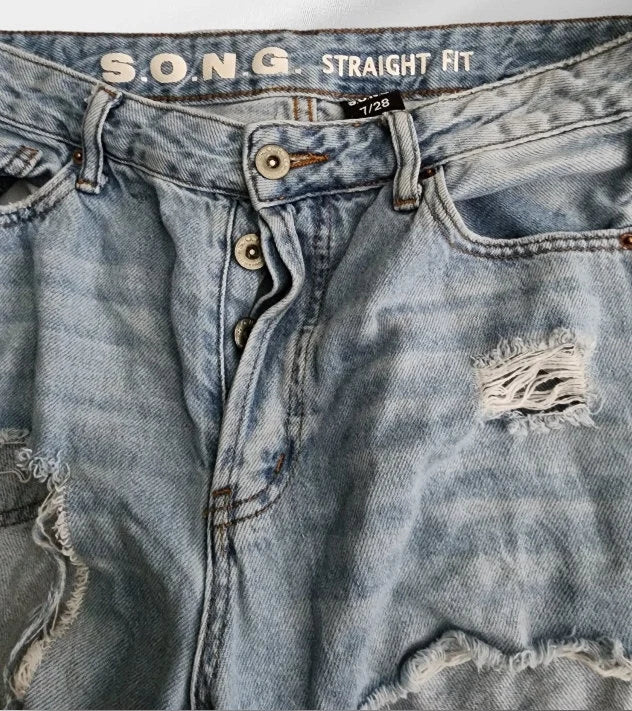 SONG Jeans 7/28 Waist Womens Ankle Straight Fit Distressed Ripped Raw Hem Vintage Rigid Denim