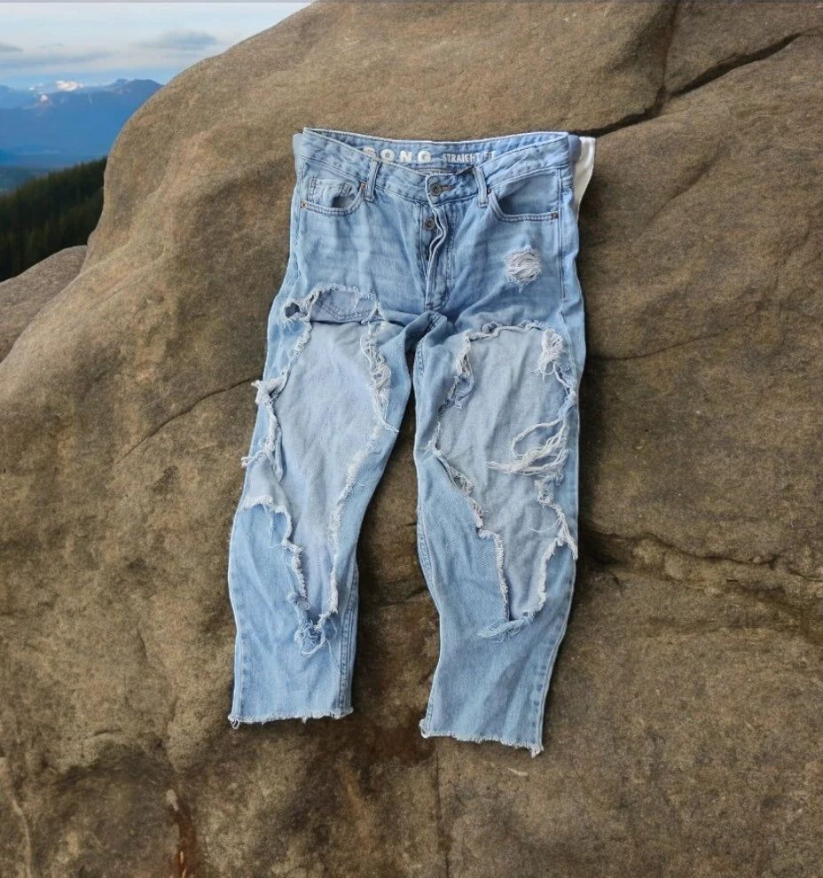 SONG Jeans 7/28 Waist Womens Ankle Straight Fit Distressed Ripped Raw Hem Vintage Rigid Denim