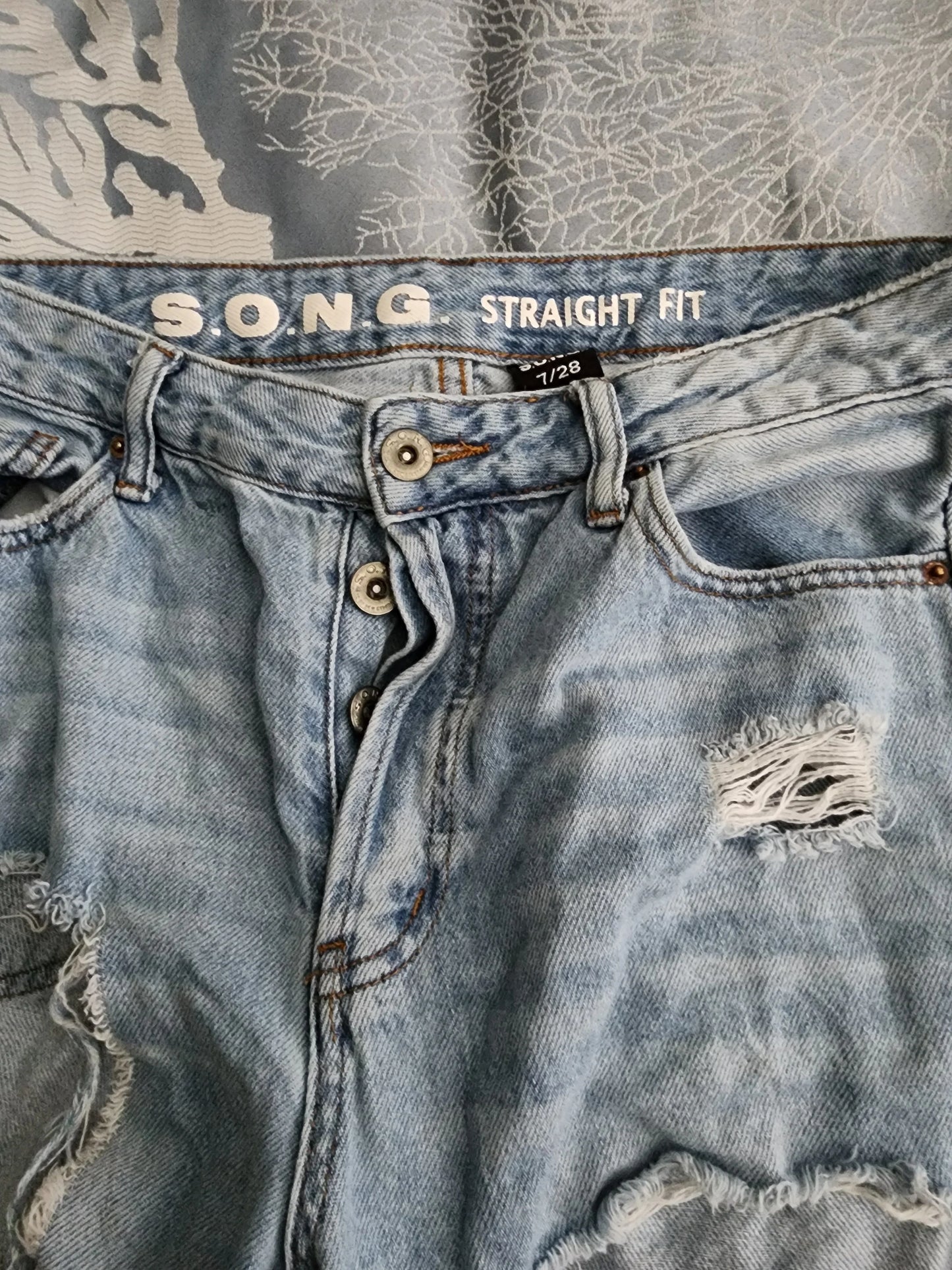 SONG Jeans 7/28 Waist Womens Ankle Straight Fit Distressed Ripped Raw Hem Vintage Rigid Denim