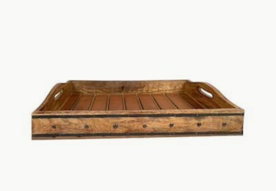 Thiak Rustic Mango Wooden Serving Tray Unique Slat Style Rectangular Shape Serving Tray with Metal Trim and Handles for Luxury Home Decor