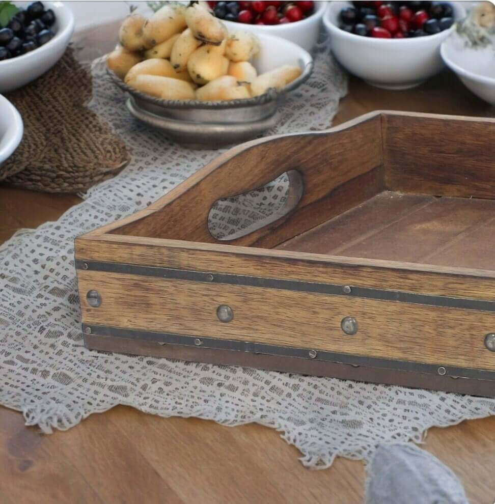 Thiak Rustic Mango Wooden Serving Tray Unique Slat Style Rectangular Shape Serving Tray with Metal Trim and Handles for Luxury Home Decor