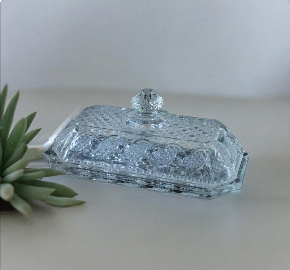 Title: Vintage Avon Cape Cod Clear Glass Butter Dish with Lid - 1983-84 Collection