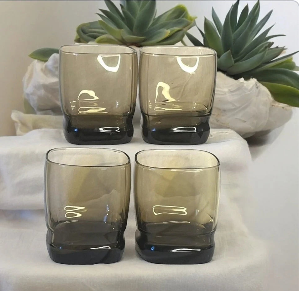 VTG Libbey Carrington Square Lowball Rocks Glasses Smokey Brown/Mocha Double Old-Fashioned Glasses Made USA Set of 4 MCM - Timeless Treasures Emporium1